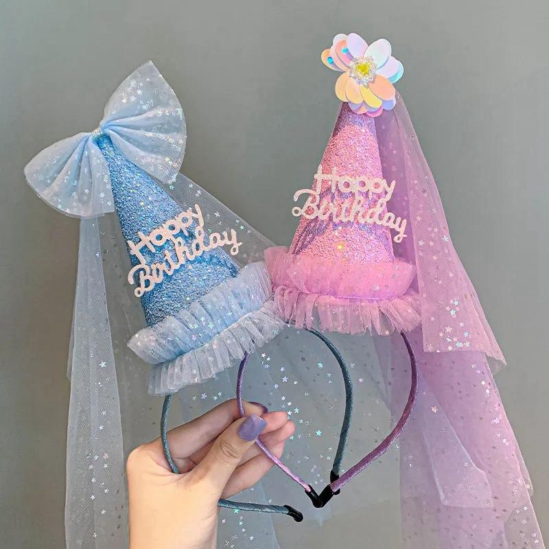 Ins Crown Birthday Hat Girls Princess Veil Birthday Hats Birthday Party Headband Photo Props Children Baby Shower Supplies