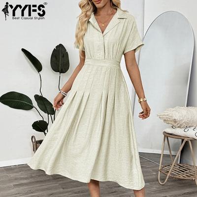 Women's Fashion Summer Spring Solid Color Print Short Sleeve V-Neck High Waist Casual Dresses