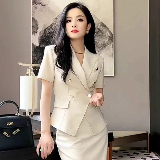 

Apricot Double-Breasted Slim-Fit Workwear Skirt and Blazer Two-Piece Set S (Approx. 75-85 lbs)