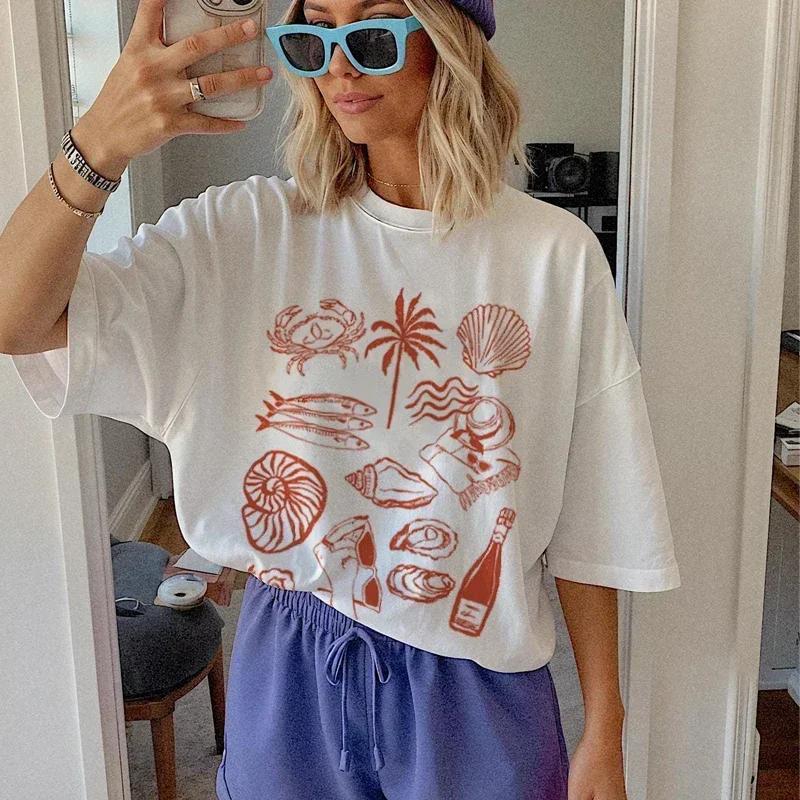 Ocean Coastal Graphic Tees Trendy Retro Aesthetic La Dolce Vita T Shirt Cute Oyster Wine Shirt