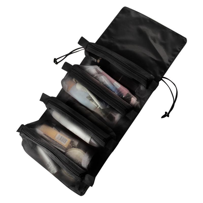 

Съемная нейлоновая косметичка Большой емкости «четыре в одном» Портативная складная дорожная косметичка Кисти для макияжа Органайзер для хранения губной помады Косметичка чёрный