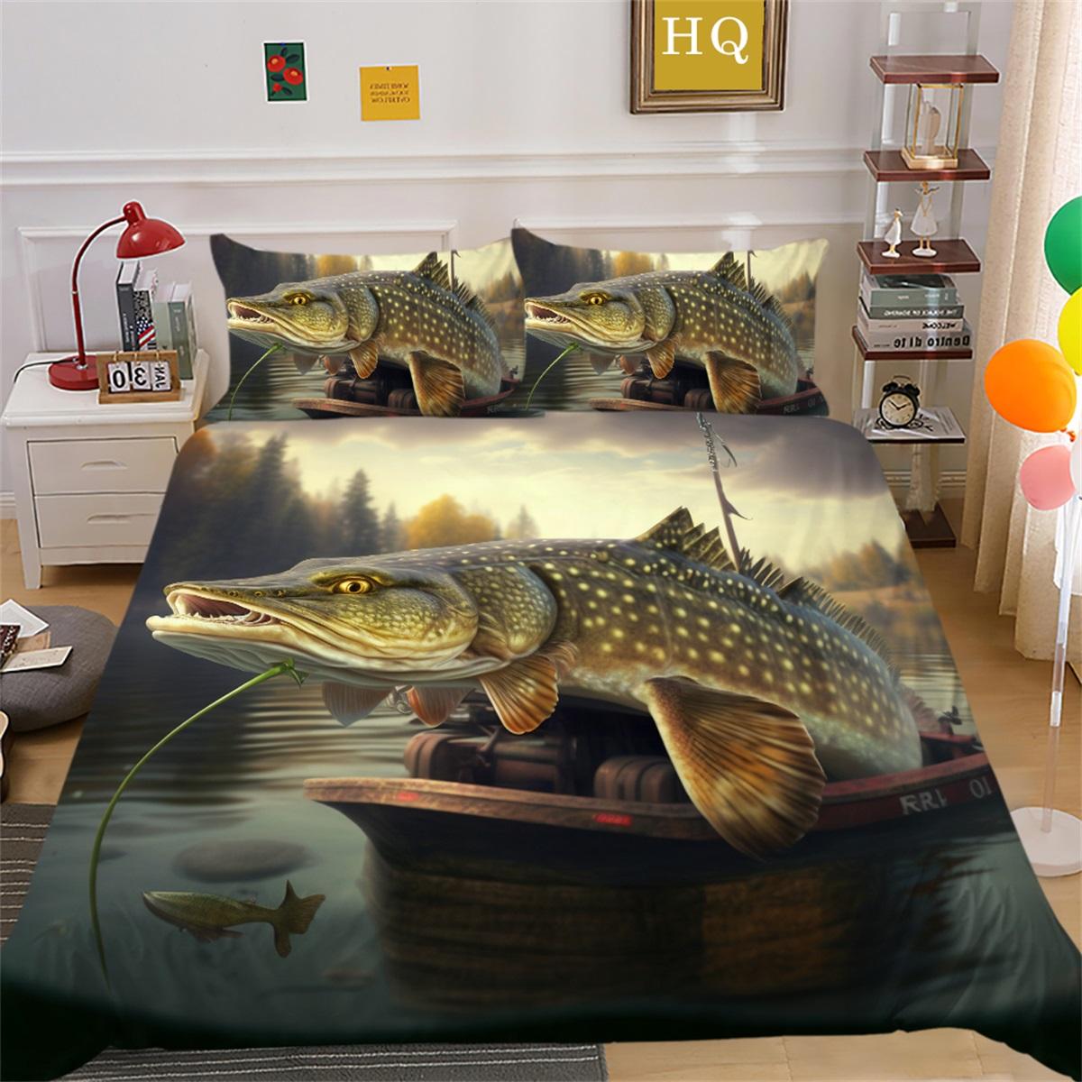 

Комплект постільної білизни з візерунком «Рибалка» Наволочка для ковдри з принтом «Велика риба» Наволочка з мікрофібри з 2/3 предметів Повнорозмірна прикраса для дому EU Single 135x200cm