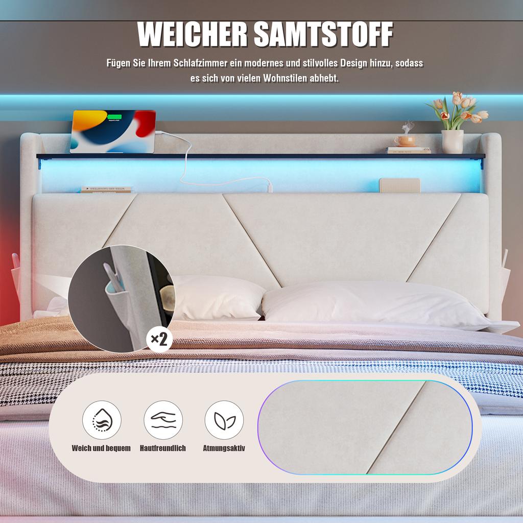 140 x 200CM modern upholstered bed – headboard with LED and shelves, storage underneath, gas-lift slatted frame, certified USB ports, side pockets