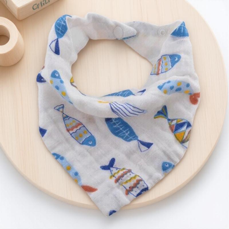 

Triangle Baby Drool Bib Soft Cartoon Print Snap On Towel for Infants Pleated Design Baby Feeding Accessories