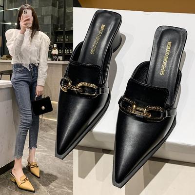 Leisure Slippers Women Slides Casual Square Heels Women Shoes Metal Decoration Pointed Toe Platform Slippers