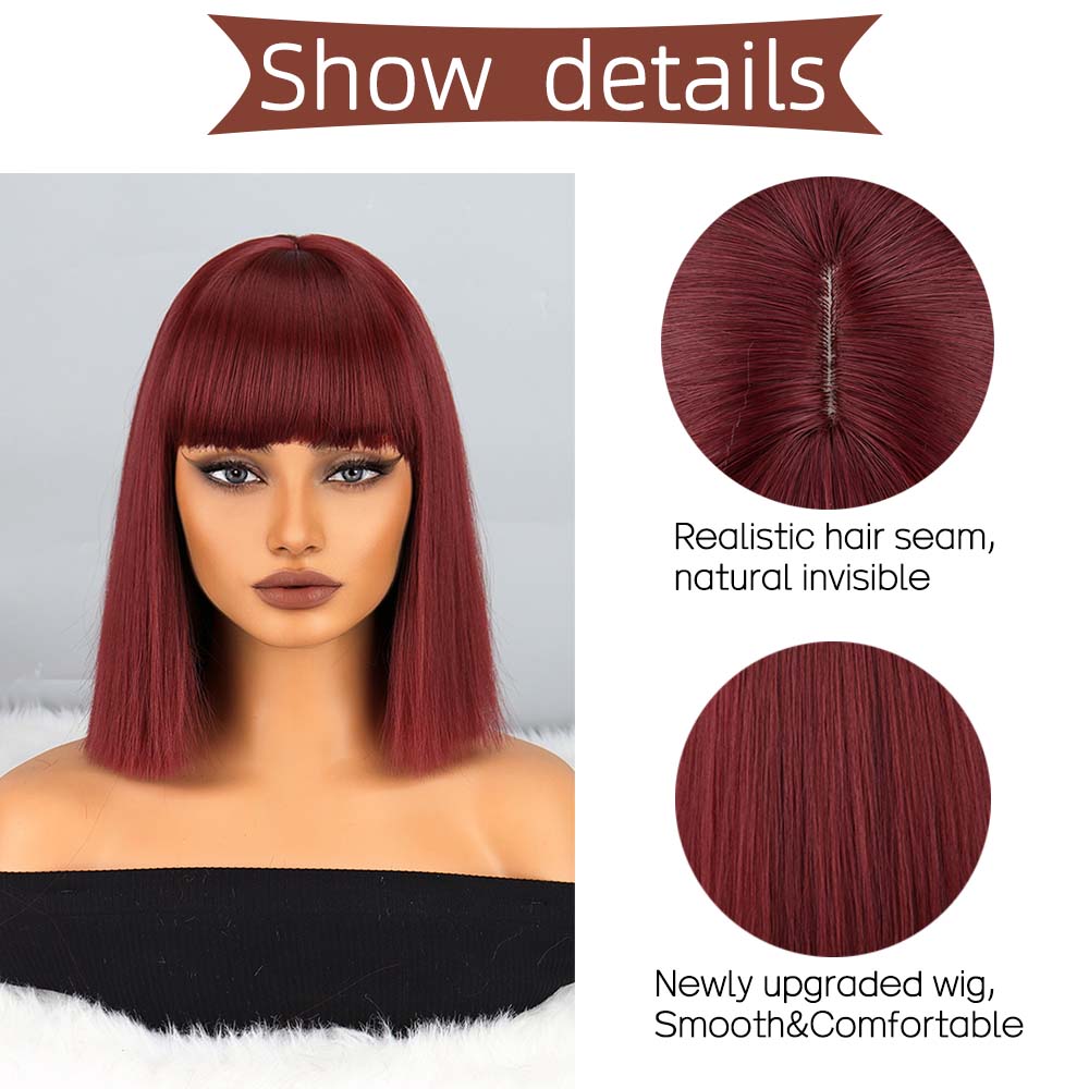 MISS WIG Natural Wine Red Synthetic Fiber Wigs Short Straight Wig with Bangs Wig Cosplay Daily Use Hair for Wome