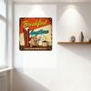 Vintage Retro Breakfast Metal Tin Sign, Rusty Weathered Wall Decor with Bacon & Egg Cartoon Characters, 'Breakfast Anytime' Text