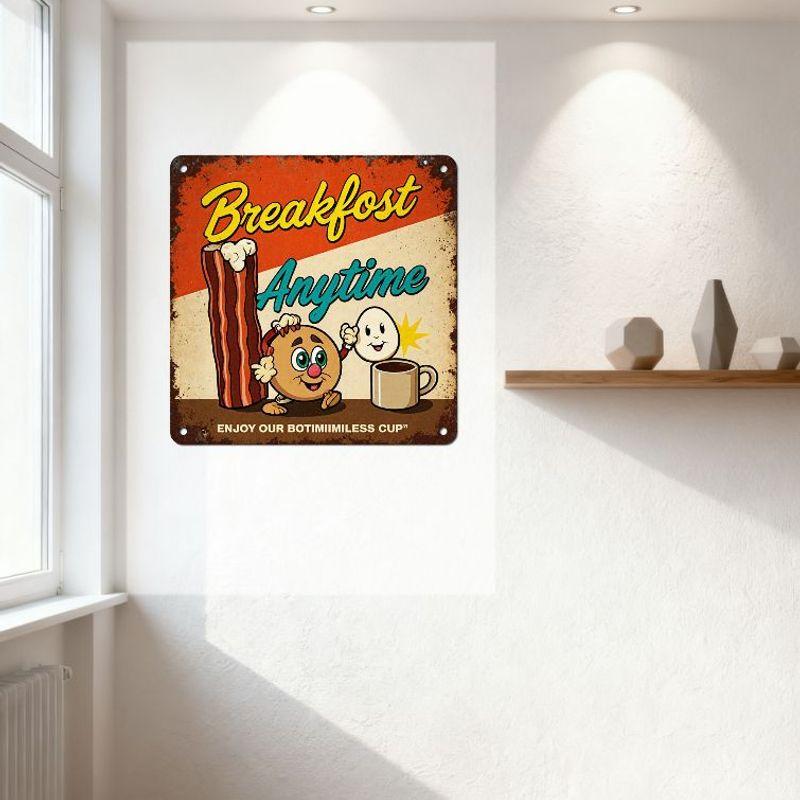 Vintage Retro Breakfast Metal Tin Sign, Rusty Weathered Wall Decor with Bacon & Egg Cartoon Characters, 'Breakfast Anytime' Text