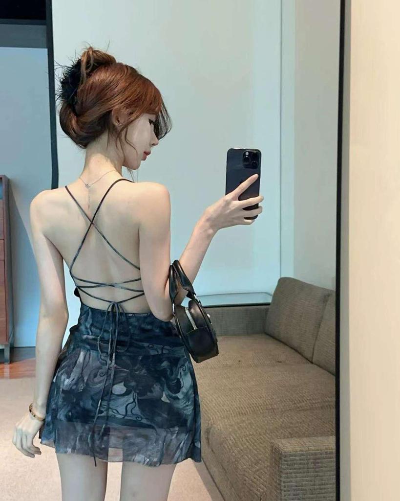 Spicy Girl Cross-Back Irregular Print Spaghetti Strap Dress - Women's Slimming Summer Short Skirt