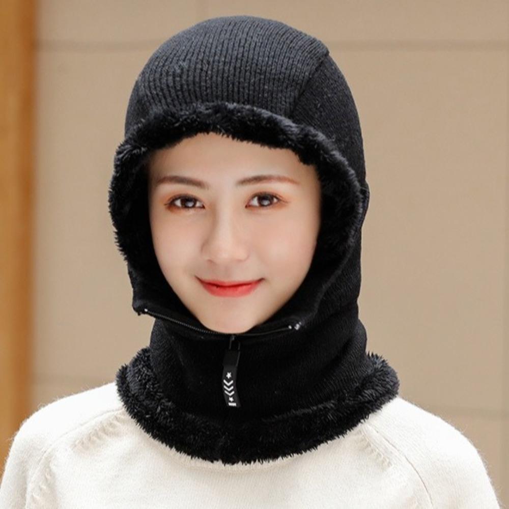 Zipper Hooded Thermal Cap Thickened Knitted Balaclava Cap Simple Knitted Scarf Hat  Outdoor