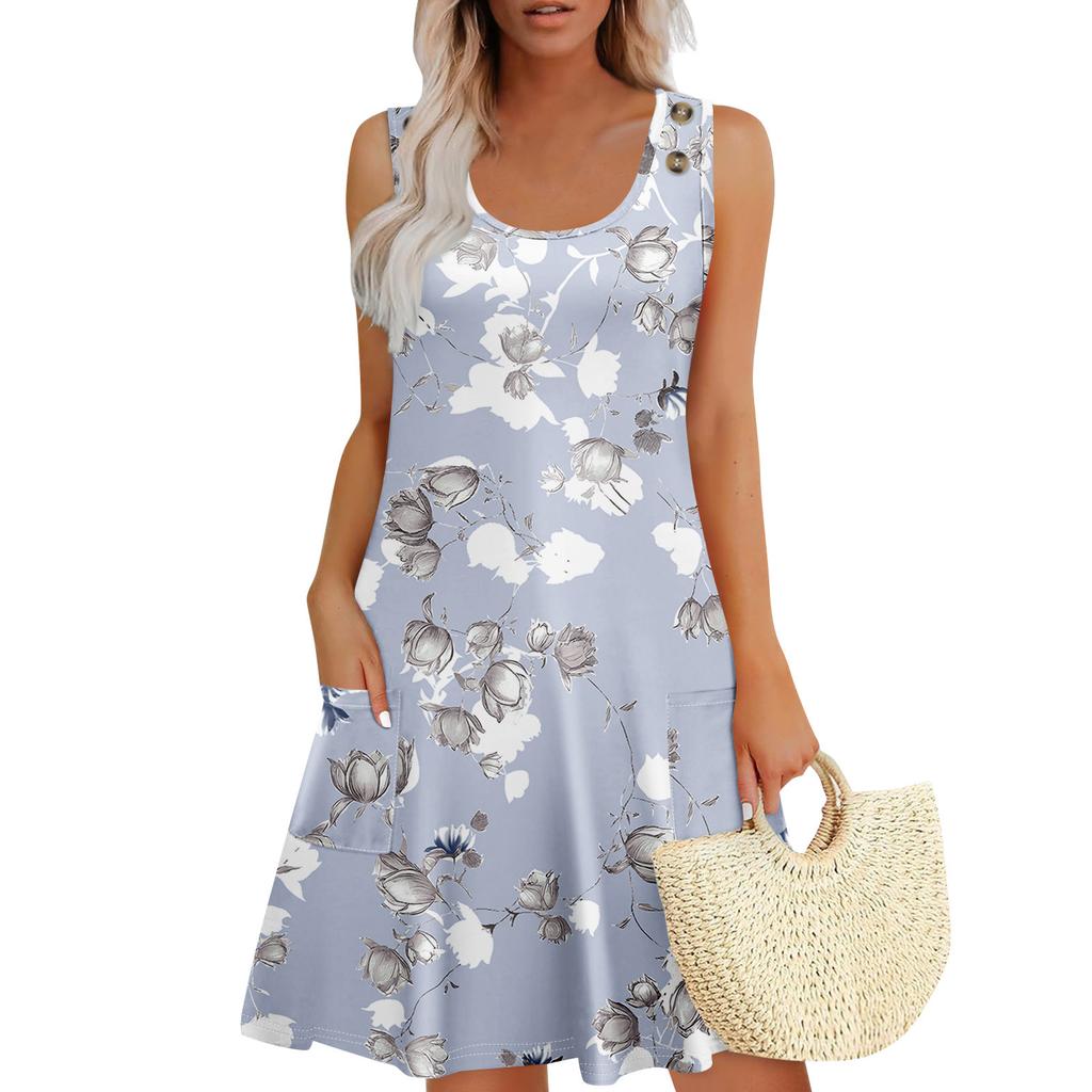 Summer Dresses For Women Beach Boho Sleeveless Printing Flowy Pocket Tshirt Tank Sundresses