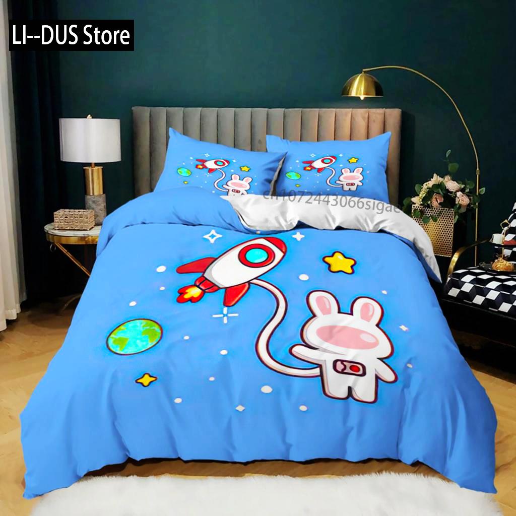 Cartoon Animal Duvet Cover Microfiber Pig Astronaut Red Balloon Pattern Bedding Set Space Universe Animal Theme King Quilt Cover