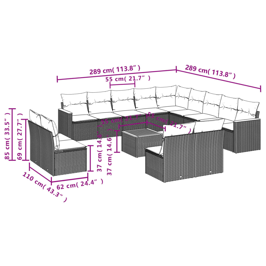 Vidaxl 14-Cz. Garden Lounge Set, Cushions Black Rattan Pe