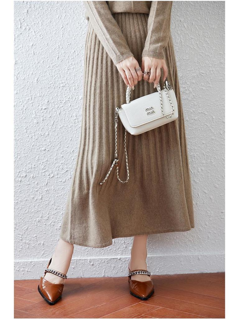100% Wool Drapey A-Line Pleated Midi Skirt - Slimming and Large Swing Design for Spring and Autumn