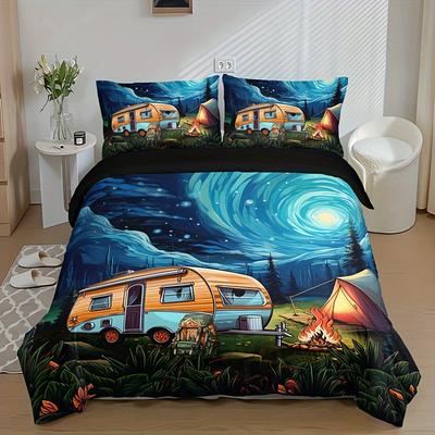 Karton RV Druck Camping-Thema Weich mit Weichem Stoff Bettbezug-Set - Weiche Bequeme Bettwäsche für Schlafzimmer Und Gästezimmer