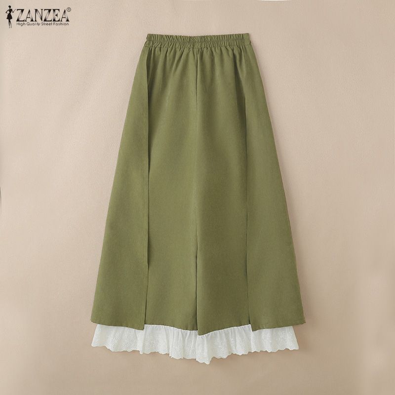 ZANZEA Women Casual Elastic Waist Loose Ruffled Lace Hem Wide Leg Pants Long Trousers