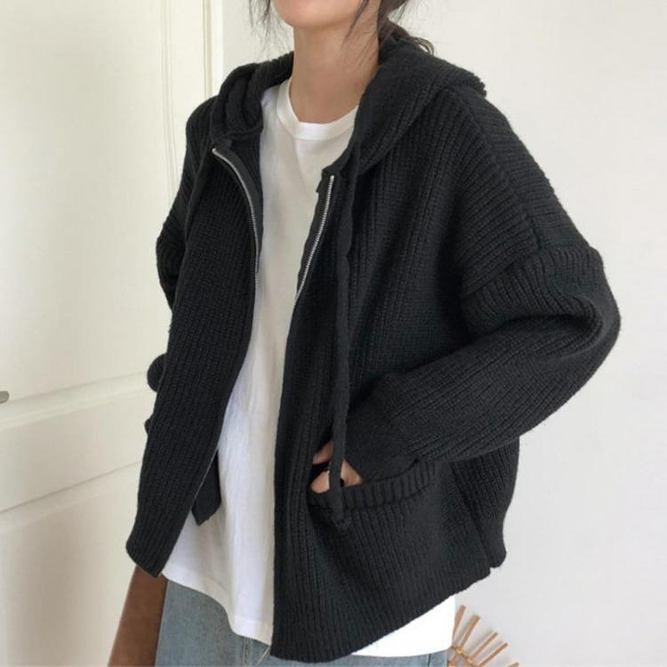 Loose Knitted Hooded Sweater Cardigan Coat Solid Color Womens Top