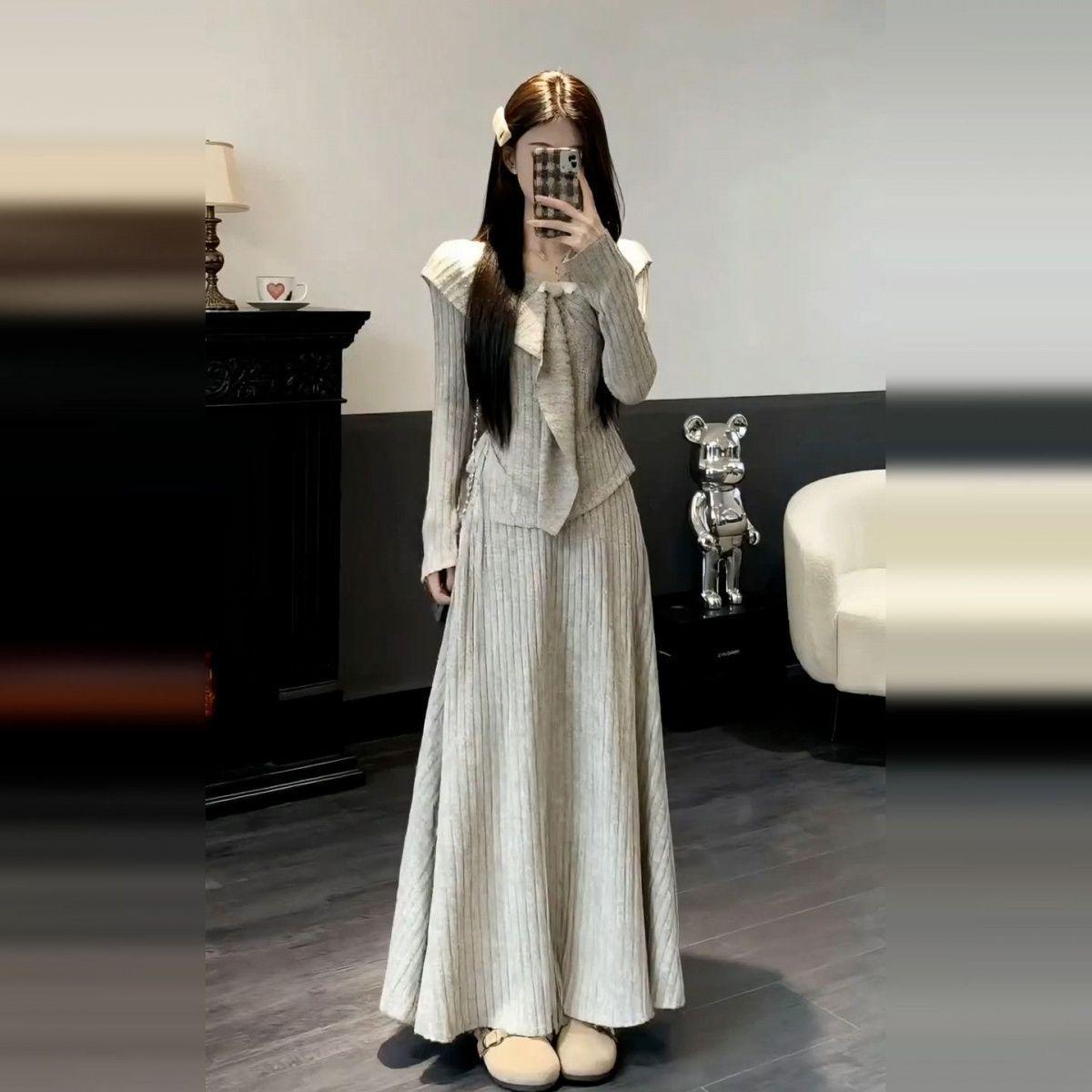 

2026 Stylish Grey Knit Dress for Women - Autumn/Winter Korean Style Full Set S (40-45 kg)