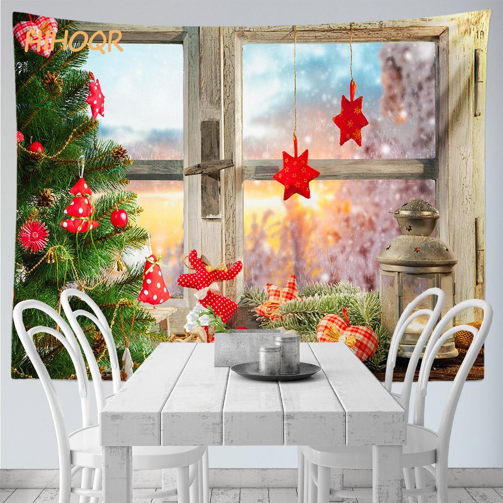 Christmas Tapestry Wall Hanging Santa Claus Christmas Snow Scene Window Tapestry Aesthetic Room Decor Home Holiday Decoration