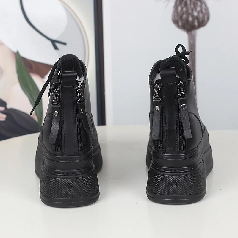Fashion 12CM Genuine Leather Winter Plush Platform Wedge Fashion Ankle Boots Casual Autumn Fashion High Heel Shoes