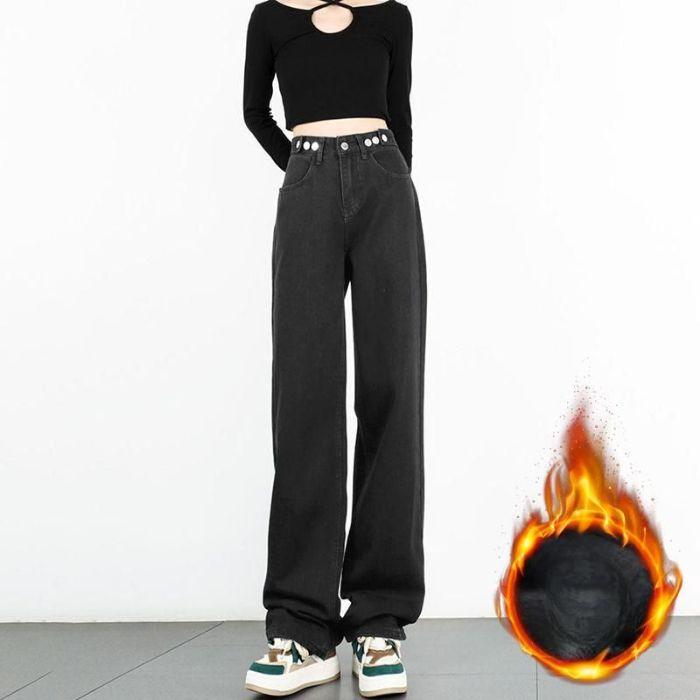 Aksamitne Pogrubione Jeansy Casualowe dla Kobiet na Jesień i Zimę Nowy Styl Luźne Spodnie z Szerokimi Nogawkami Przesuwane po Podłodze Spodnie Taty Proste Jeansy dla Kobiet