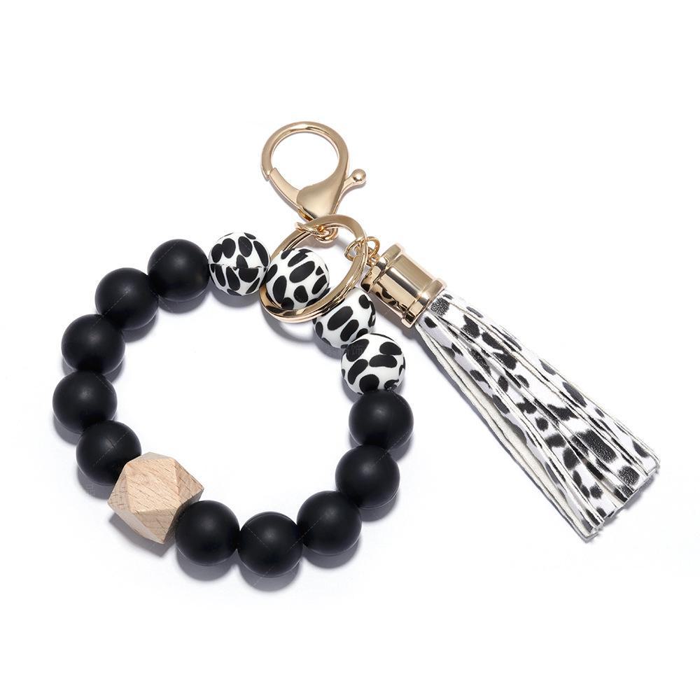 Elegant Silicone Bead Keychain Bracelet with Leather Tassel - Women's European and American Style