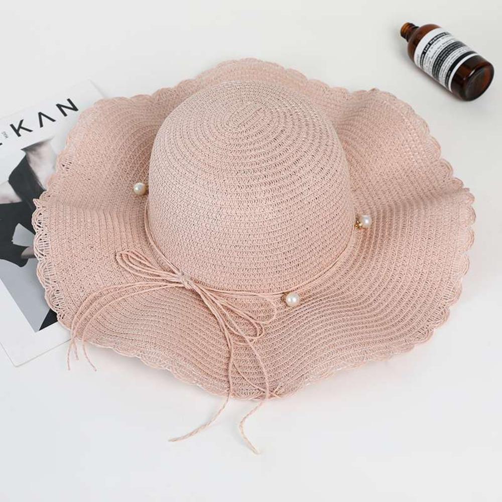 French Style Pearls Strap Straw Hat Wide Brim Women's Sun Hat Ins Folding Straw Hats  Girls