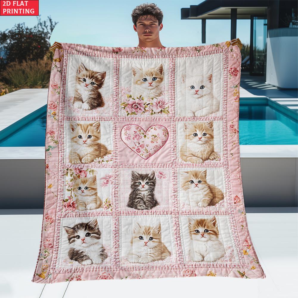 Pink cute kitten print throw blanket - Soft, warm, thick flannel coverlet suitable for all seasons and ideal for home naps and air conditioning use.