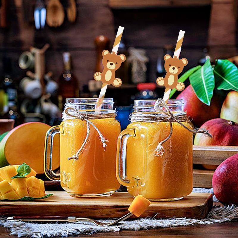 20Pcs Teddy Bear Paper Straws Cute Brown Pink Bear Disposable Drinking Straw Kids Birthday Baby Shower Party Decoration Supplies