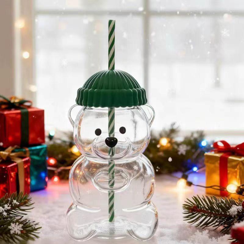 Creative Cute Bear Glass Cup, Transparent Water Cup with Lid, Office Cold Drink Juice Coffee Cups, Christmas Gift Straw Cup
