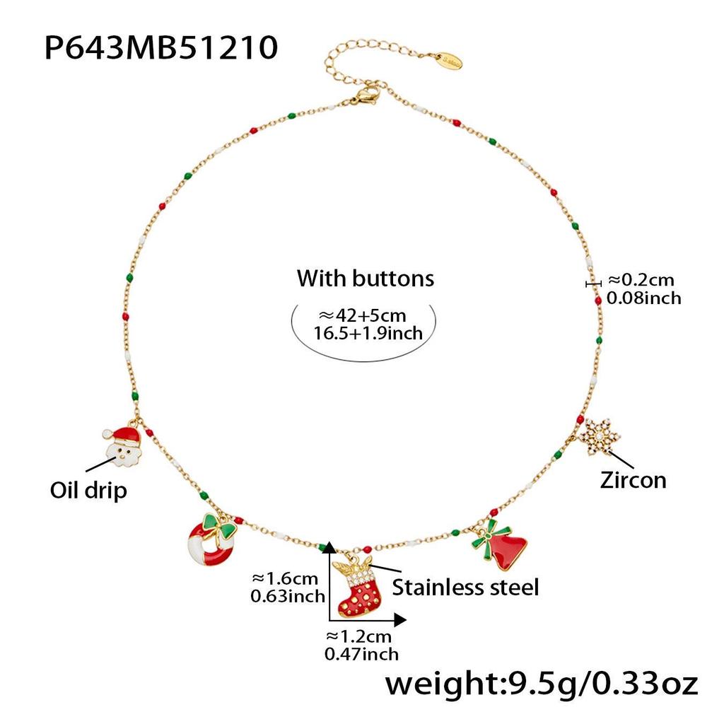 Santa Claus Stainless Steel Pendant Necklace with Drip Oil Beads for Women – European & American Christmas Style