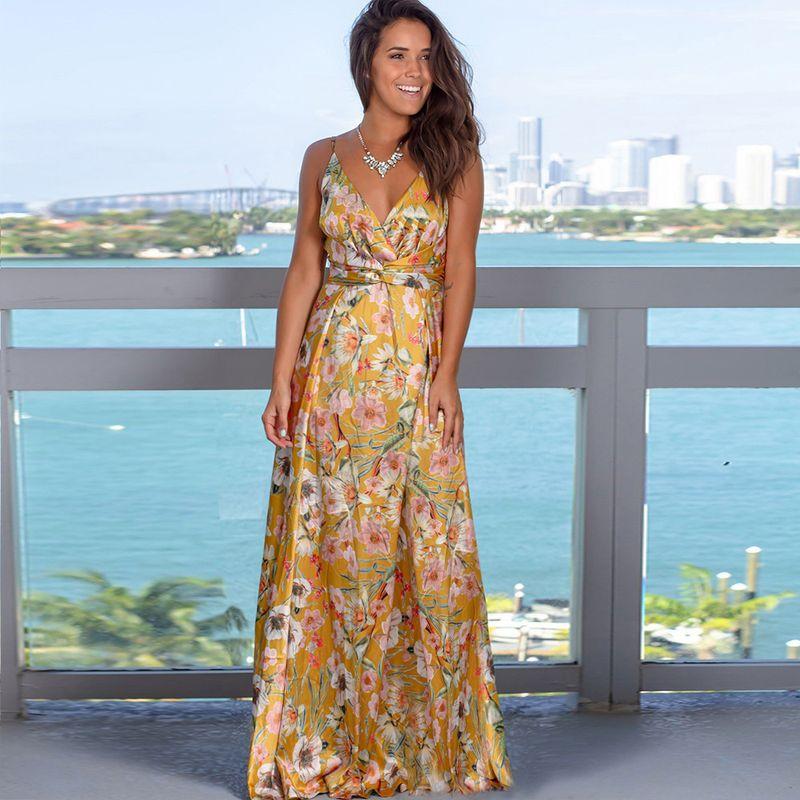 Strap Printed Beach Long Dress for Women Sling Print Beach Dress Women