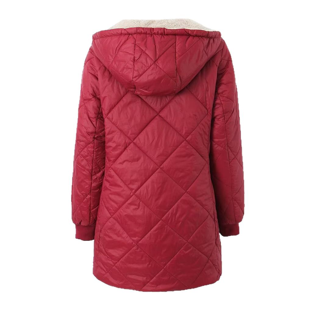 Women Hooded Quilted Coat Mid Length Plush Lined Jacket Zip Up Casual Warm Winter Overcoat Red