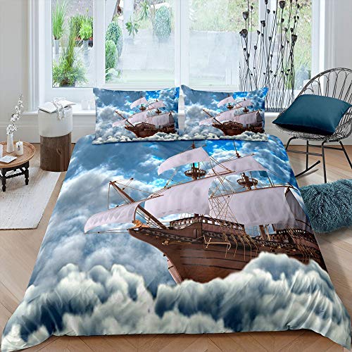 Beautiful Pink Sunset Boat Duvet Cover Set Sea Boat Comforter Cover Polyester Bedding Set With Pillowcase For Kids Boys Girls