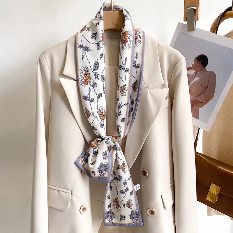 Floral Print 12*145cm Long Ribbon Silk Scarf Women Neck Scarves Headband Female Skinny Neckerchief Hair Band Neck Tie Bag Ribbon