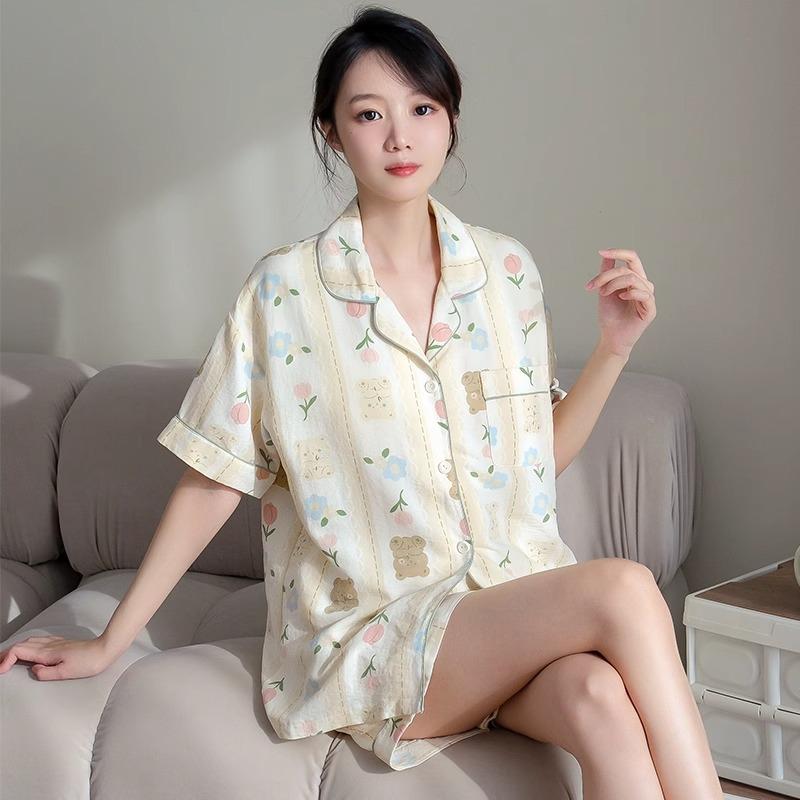 Summer Pajamas Women's Imitation Cotton Korean Cute Cartoon Sweet Student Short-sleeved Loungewear Suit