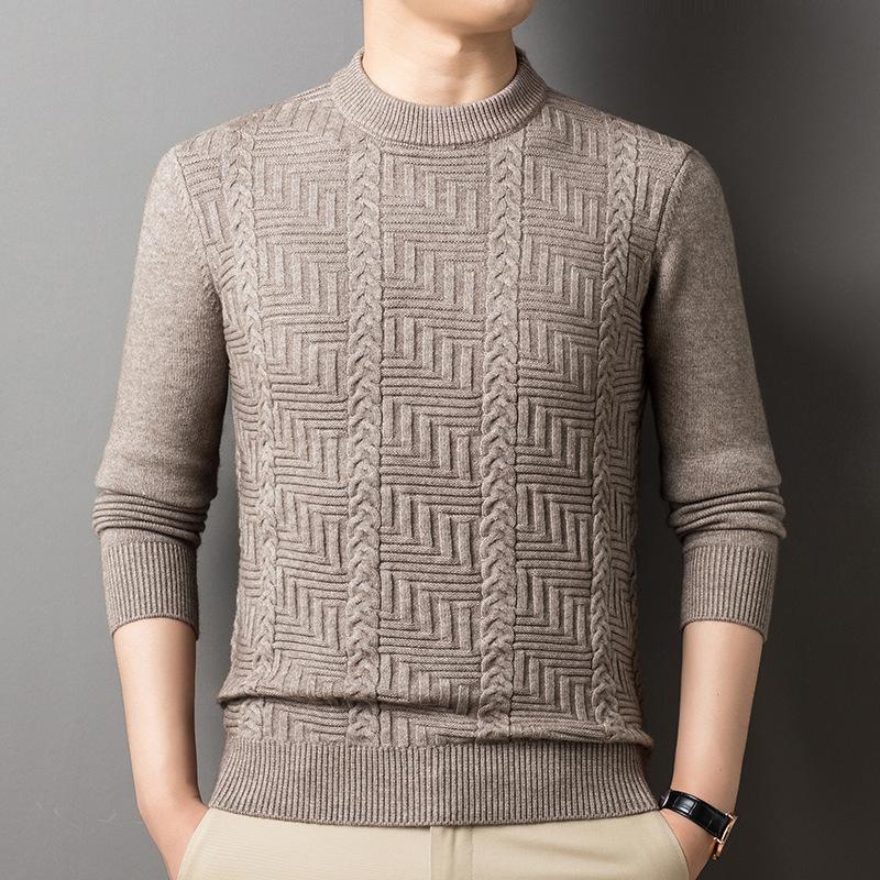 Lässiger Vintage Koreanischer Uni-Jacquard Langarm Verdickter Pullover Herren Winter Locker O-Ausschnitt Patchwork Schraubgewinde Pullover Top