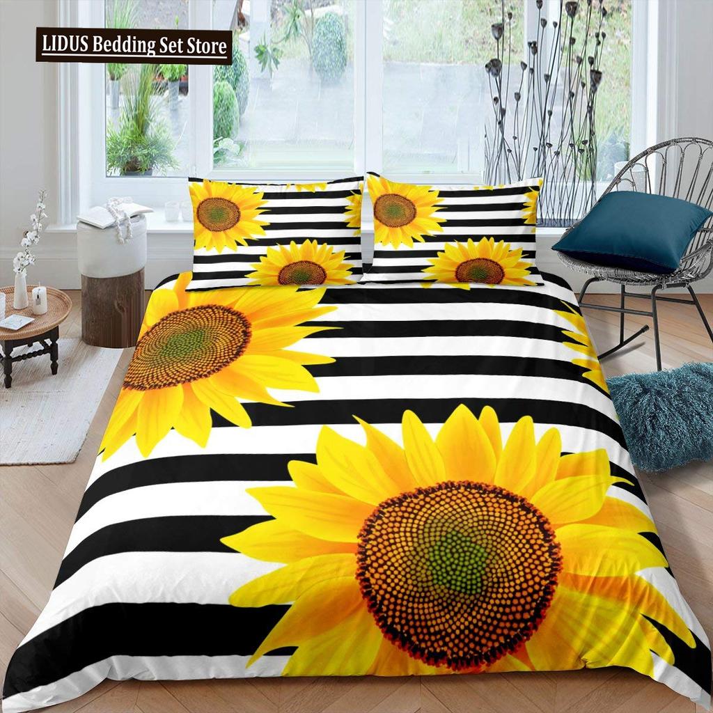 Vintage Sonnenblumen Bettbezug Set Buchstaben Bettwäsche Set Buchstaben Und Sonnenblumen Gedruckt Retro Mädchen Queen Size 2/3tlg. Bettdeckenbezug
