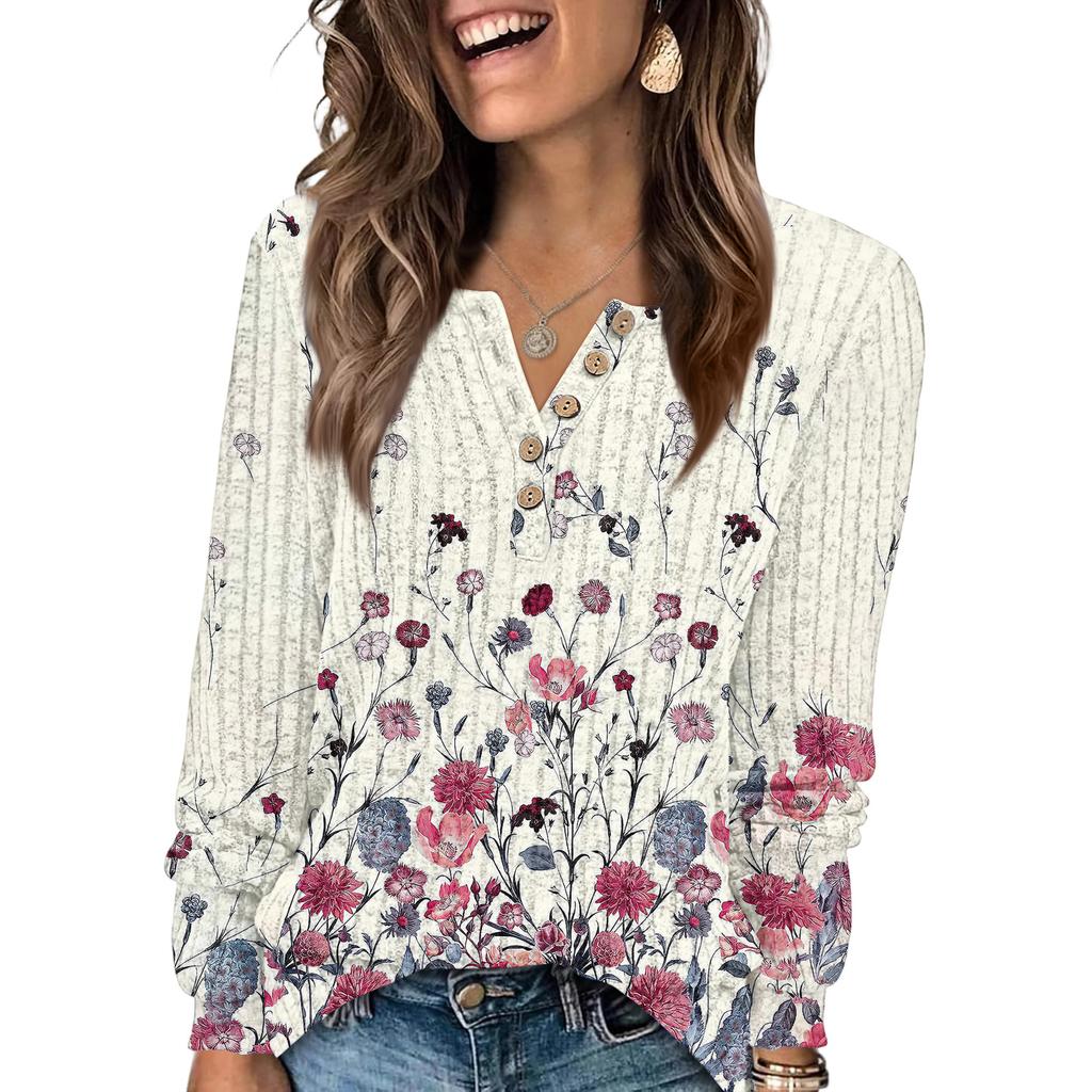 Women's Fashion V-Neck Button-Up T-Shirt With Floral Print Long-Sleeved Top