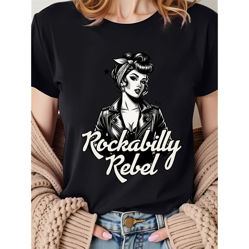 

European Size Women S Retro Rockabilly Graphic T-Shirt - Vintage-Inspired Casual Sporty Tee with Bold Rockabilly Rebel Print, Soft Stretch Fabric 4XL