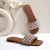 [Foreign Trade] European Station Pearl Rhinestone Flat Bottom One-character Cool Slippers Women's Fashion Outer Sandals Women's Trend