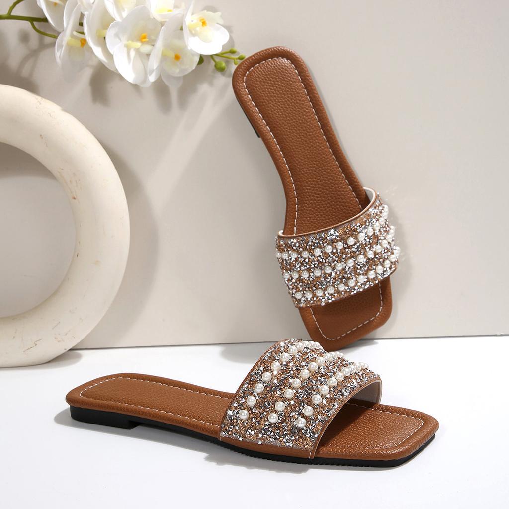 [Foreign Trade] European Station Pearl Rhinestone Flat Bottom One-character Cool Slippers Women's Fashion Outer Sandals Women's Trend