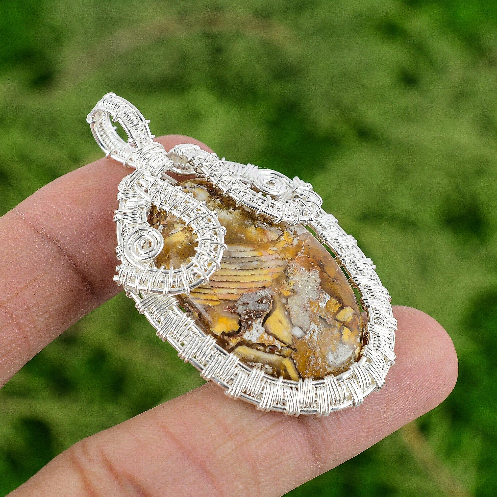 

Sterling Silver Oval Brecciated Mookaite Gemstone Boho Wire Wrap Pendant Jewelry