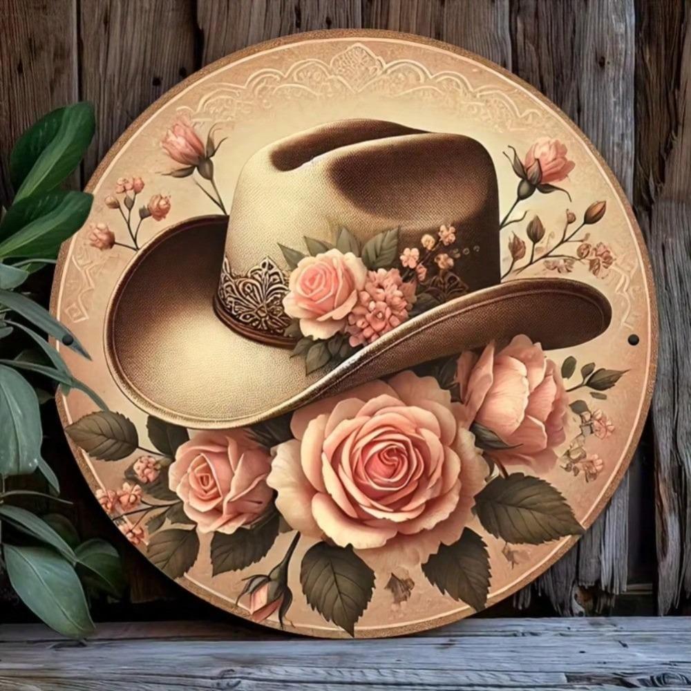 Vintage Metal Wall Decor with Pink Rose & Cowboy Hat, Weddings & Home Room Decor