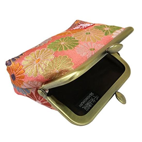 Senshishuin Nishijin Brocade Square Wallet with Gusset and Coin Purse Chrysanthemums in Full 2.5-inch (Lined) (Vermilion Bloom)