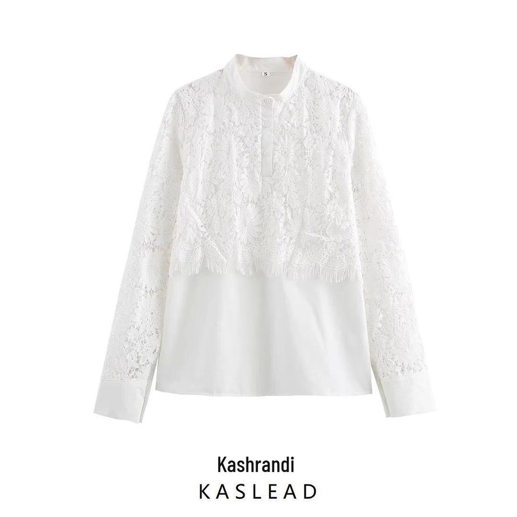 2025 Spring Women's Casual Patchwork Lace Long Sleeve Shirt - European & American Style Fashion