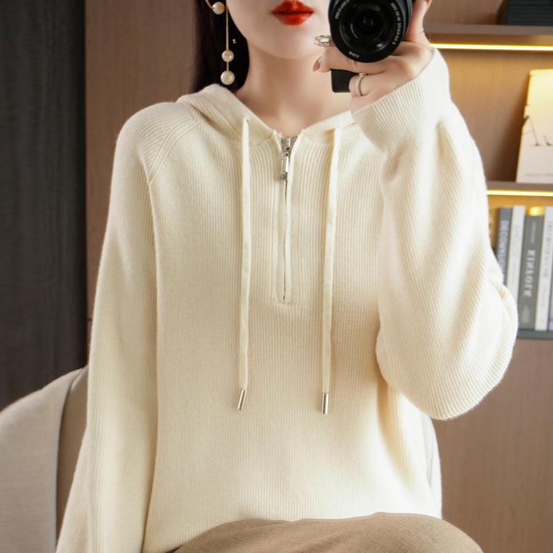 Hooded Solid Color Semi-new Drawstring Sweater Zipper Casual Loose Women's Pullover Andy Velvet Long-sleeved Bottoming Top