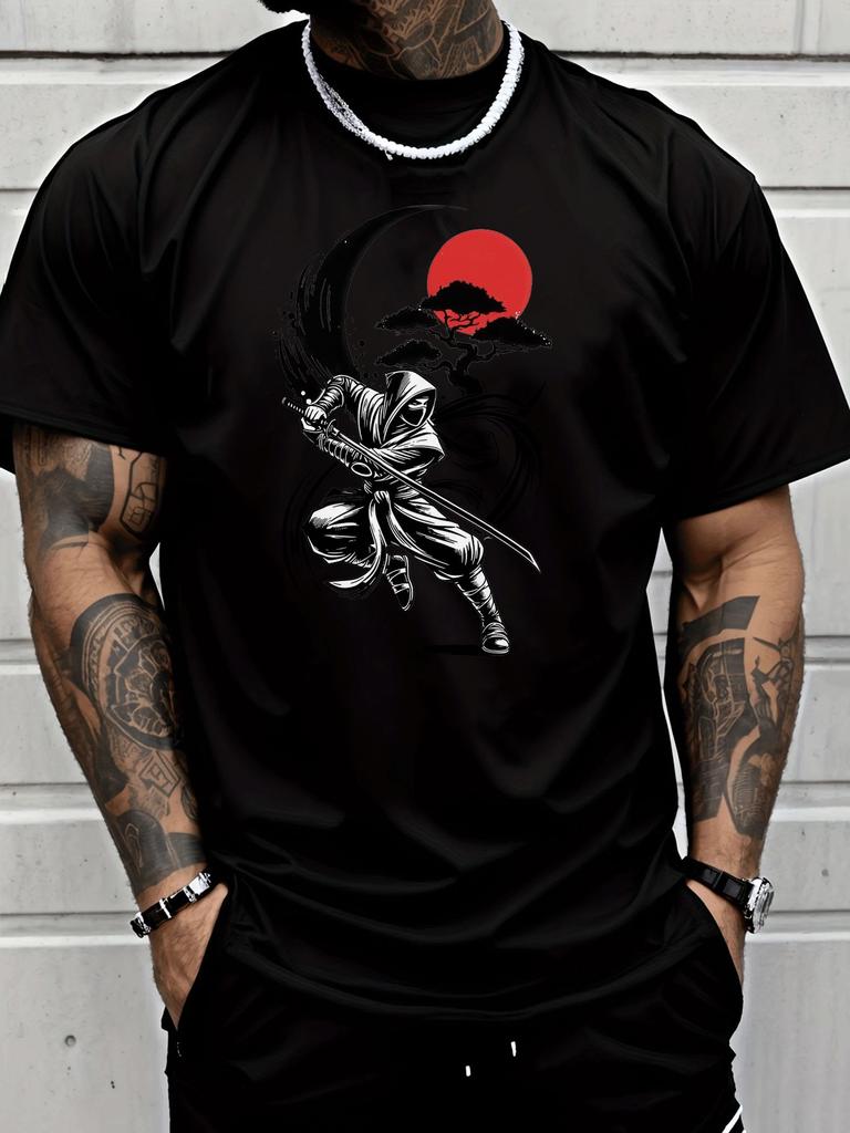 Unisex Summer Ninja Samurai Red Sun Tree Print Tee Oriental Crew Neck Cotton Male Loose Street Hip Hop Daily Fashion Top