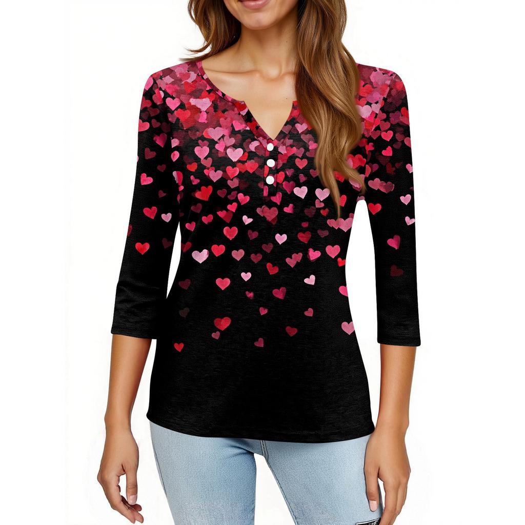 Women's T Shirt Print Button 3/4 Sleeve Daily Weekend Fashion Basic V- Neck Regular Top