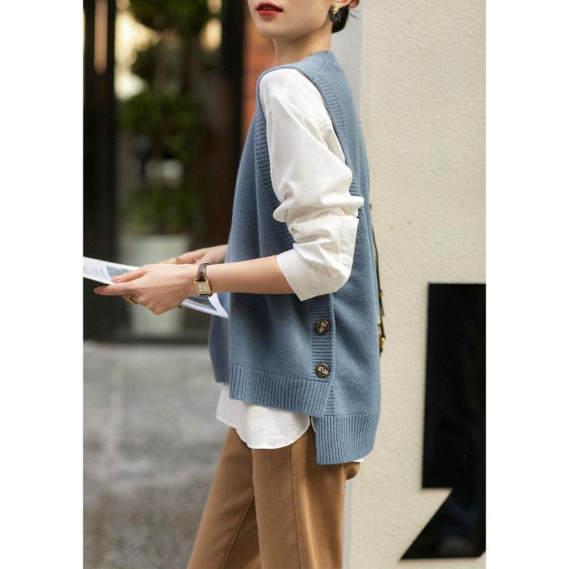 O Neck Fashion Sleeveless Women Knitted Sweater Vest Autumn and Winter Loose Simple New Office Tank Top Elegant Buttons Simple Clothing